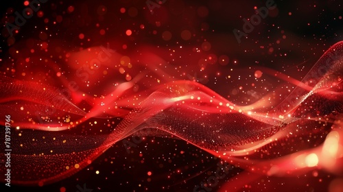 Red glowing particles wave on dark background. Abstract red waves and swirls with bokeh lights. Flowing ribbons of light. Glowing lines in motion. Generated by artificial intelligence.