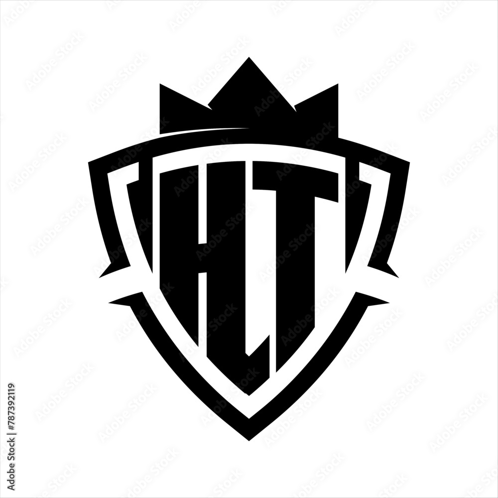 HT Letter bold monogram triangle curve shield shape with crown black and white background color design HT Letter bold monogram triangle curve shield shape with crown black and white background color design