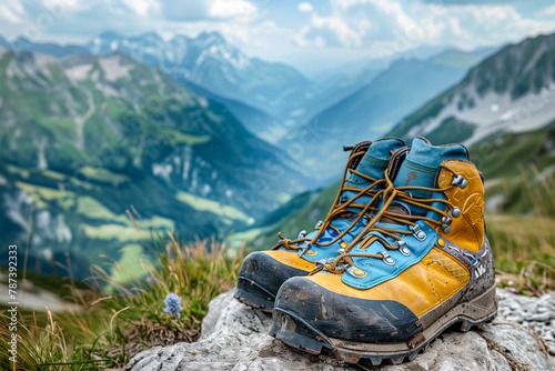 hiking shoes or boots in the mountains, high alps, beautiful summer landscape, walking