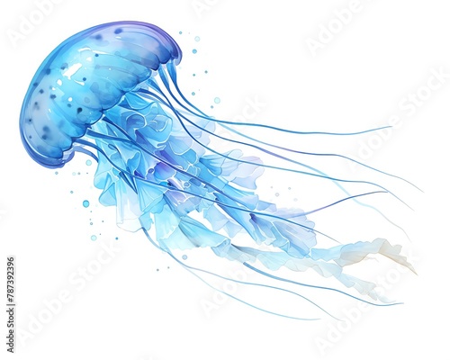 A dynamic watercolor of an Irukandji jellyfish, tiny but extraordinarily venomous, translucent blues and invisible danger, white background, vivid watercolor,  photo