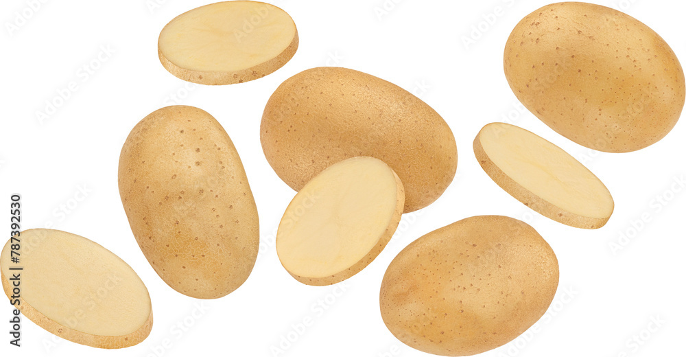 Falling potato slices isolated on white background Falling potato slices isolated on white background