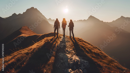 Group of sporty people hiking in mountain photo