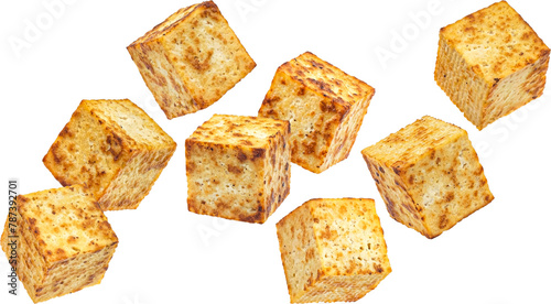Tableau sur toile Falling fried tofu cubes isolated on white background
