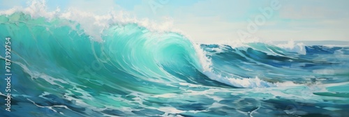 Powerful Ocean Waves In Motion Against Clear Sky. Digital Artwork. Generative AI © pibi37.studio