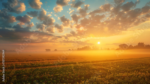Rural Countryside Sunrise With Misty Field