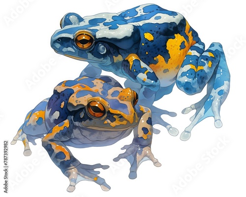 A playful depiction of a Harlequin Toad  brightly colored and critically endangered  striking blues and yellows  white background  vivid watercolor  