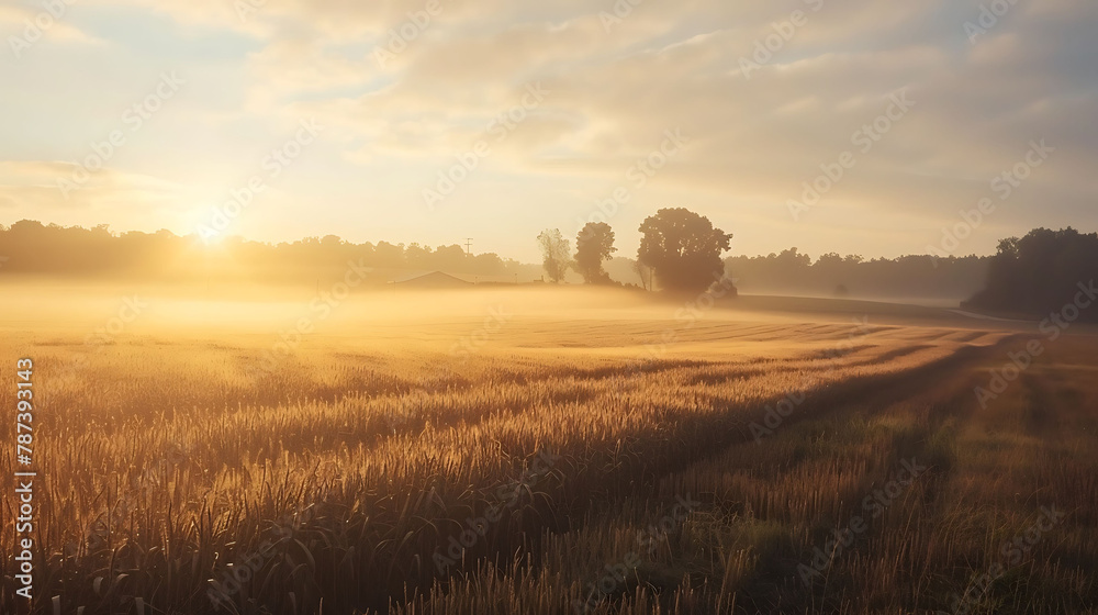 Rural Countryside Sunrise With Misty Field