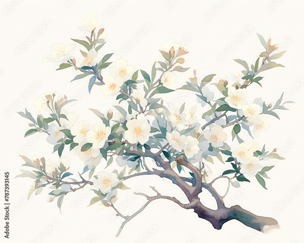 Obraz premium A rustic illustration of a Bitter Almond tree, source of cyanide, muted greens and pastel blooms, white background, vivid watercolor, 