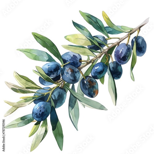 A rustic illustration of an olive branch, silvery leaves and dark olives, vivid watercolor, white background, 