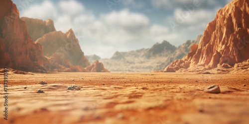 A vast, desolate desert landscape featuring red rocky terrain under a clear sky