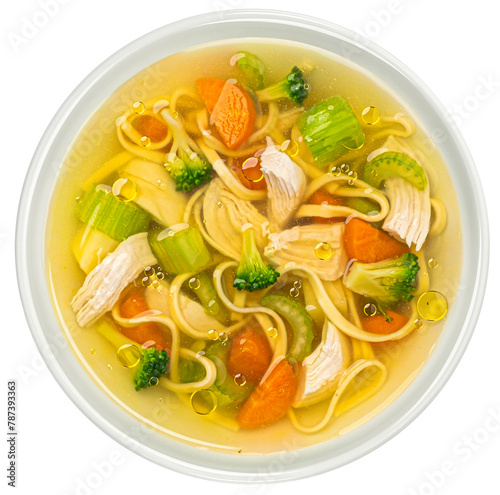 Chicken noodle soup isolated on white background, top view