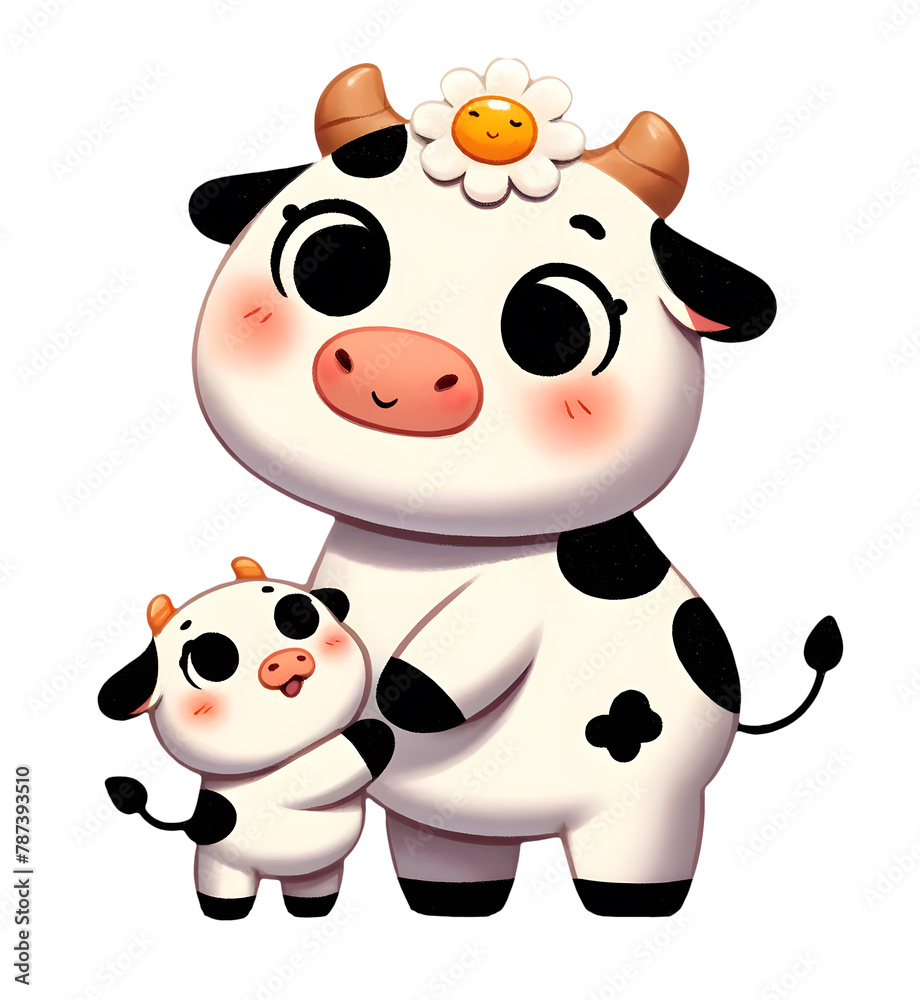Naklejka premium A Serene Mother Cow Embracing Her Delighted Little One
