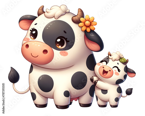 Cheerful Cartoon Cows  A Loving Mother and Her Joyful Calf Sharing a Happy Moment