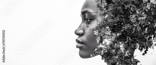 a human head is overlaid with the intricate patterns of a jigsaw puzzle, symbolizing the challenges and complexities of cognitive psychology and psychotherapy on white background