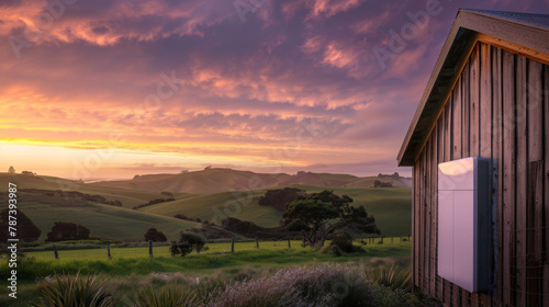 Modern battery on old cabin wall, New Zealand hills behind. The sunset lights up a modern battery on an old wooden cabin.