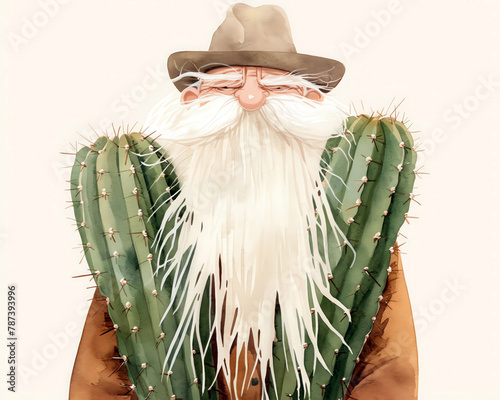 Old Man Cactus Cephalocereus senilis, long white hairs, portrayed in a serene aged setting, watercolor, isolate. photo