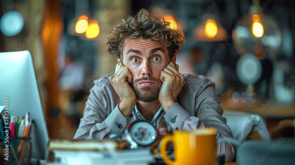 Middle age stressed businessman, teacher, freelancer or man feels stress trying to solve an issue Middle age stressed businessman, teacher, freelancer or man feels stress trying to solve an issue