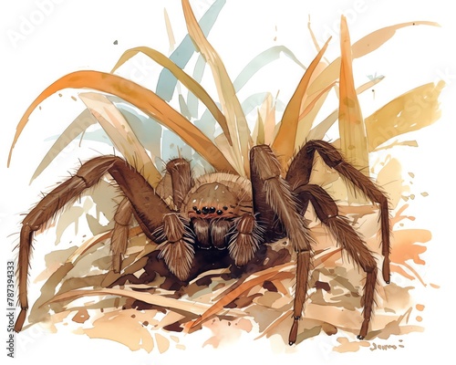 A detailed sketch of a Brazilian Wandering Spider in a tropical underbrush, deep browns and alarming reds, white background, vivid watercolor,  photo