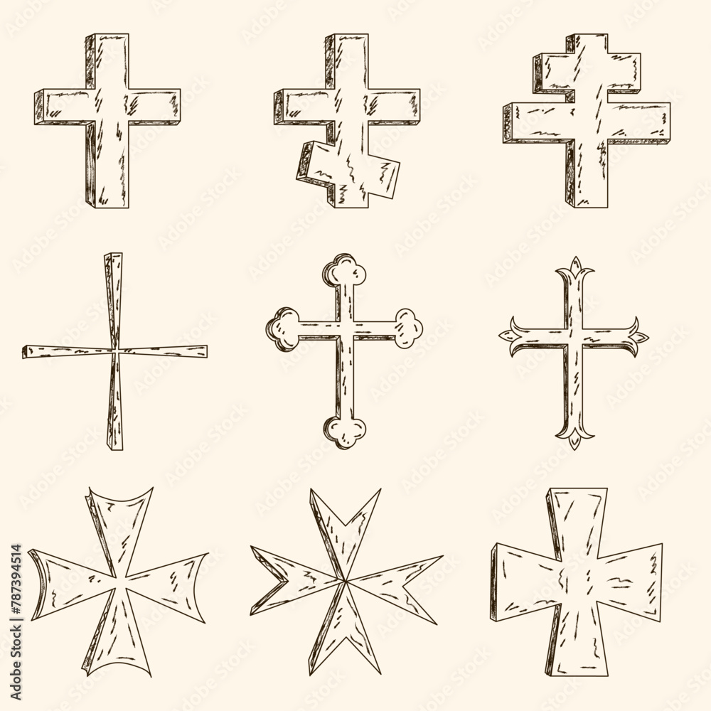 Religion crosses icon set isolated on background. Decorated crosses signs. Vector illustration