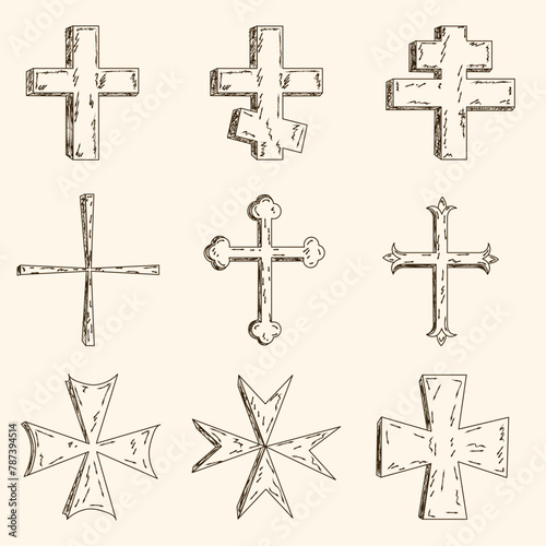 Religion crosses icon set isolated on background. Decorated crosses signs. Vector illustration