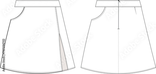 low- cut slit zippered a line mini short skirt denim jean template technical drawing flat sketch cad mockup fashion woman design style model 