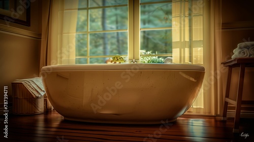 Elegant bathtub positioned to overlook the lush greenery outside © Jiraphiphat