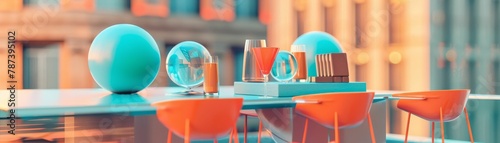A table set with round orange chairs  a blue ball  orange drink  and books on a high rise balcony