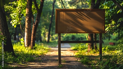 Front view of a wooden advertisement mockup at a green forest park Park indications and regulations : Generative AI photo