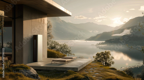 Battery mounted on house exterior, overlooking Norwegian fjord landscape. Energy system with an exterior battery in a scenic Norwegian location.