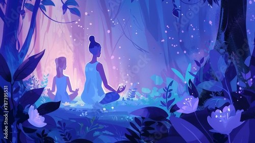 A mother and daughter meditating in a magical forest