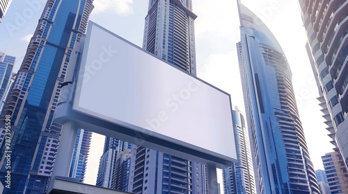 Mock up of blank horizontal white advertising billboard in Dubai with residential and office modern contemporary skyscrapers and sky behind : Generative AI