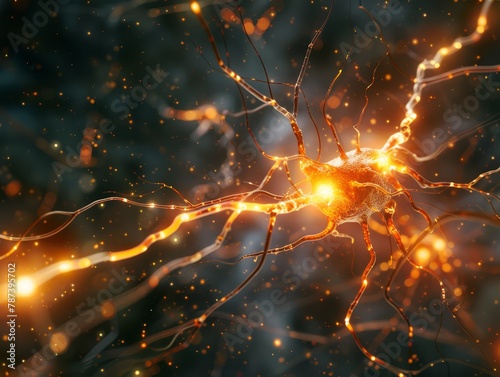 Showcasing neuron cells within a neural network, as seen under a microscope. Visualization showcases brain signal information transfer, highlighting aspects of human neurology, mind processes.