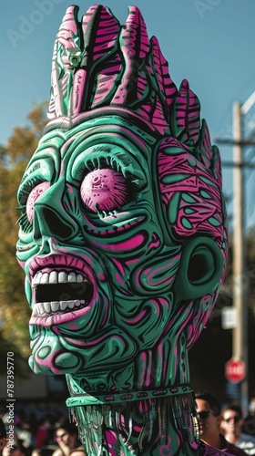 A large papier-mache sculpture of a skull with pink and green paint