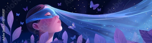 A girl wearing a blindfold made of butterflies with a starry night sky in the background.