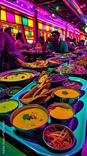 A colorful and vibrant image of a restaurant with people enjoying a meal. The restaurant is decorated with bright lights and colorful murals. © Jiraphiphat