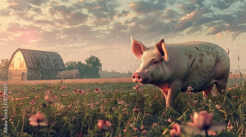 Pig in field on rural farm photo