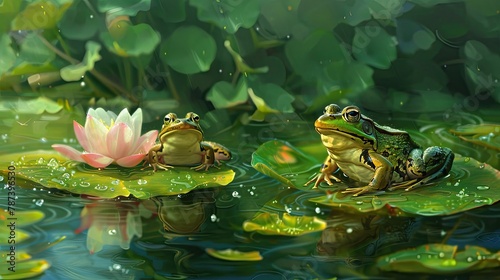 Two frogs on a lily pad in a pond