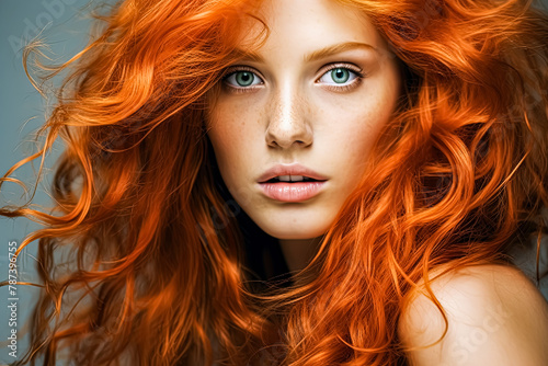A striking woman with long, fiery red hair contrasts against her pale complexion