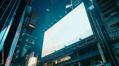 Blank white billboard on city buildings background at night front view Mockup advertising concept : Generative AI photo