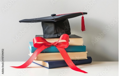 Black graduation cap with red ribbon and stack of books on table isolated on white background Generative AI