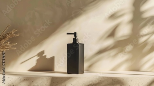 Blank mockup of a square soap dispenser with a geometric design and trendy matte black finish. .