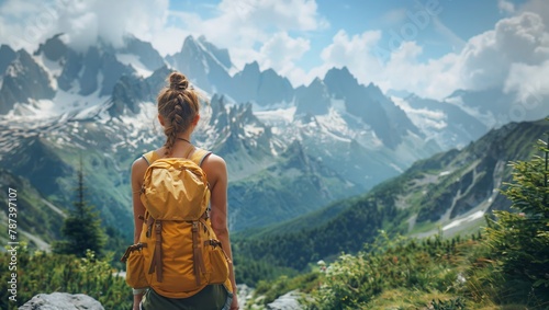 Woman in sportswear hiking with a backpack in the mountains, exploring and fitness