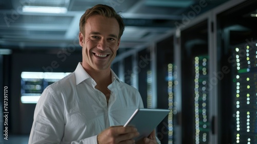 Smiling Technician in Data Center