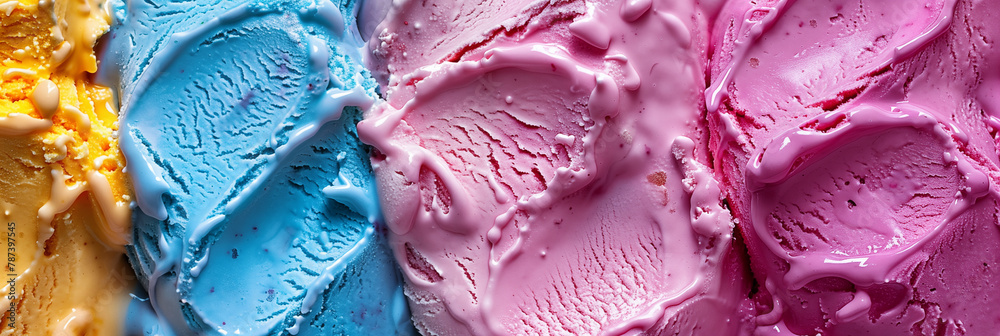 Obraz premium Swirls of multicolored ice cream background banner. Panoramic web header. Wide screen wallpaper