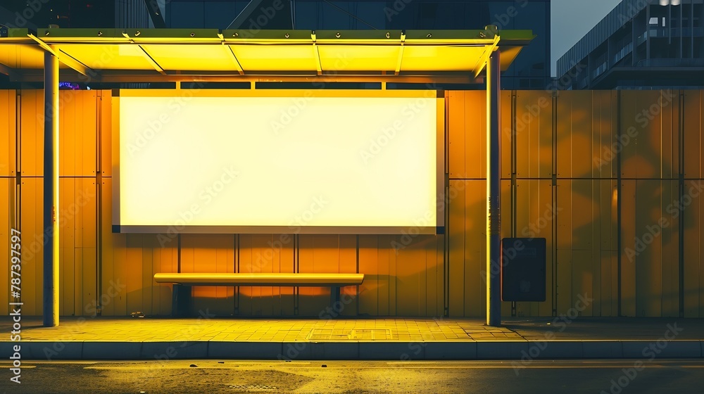 Empty billboard at the bus stop night city lights Next to the yellow wall of the building Mockup : Generative AI Empty billboard at the bus stop night city lights Next to the yellow wall of the building Mockup : Generative AI