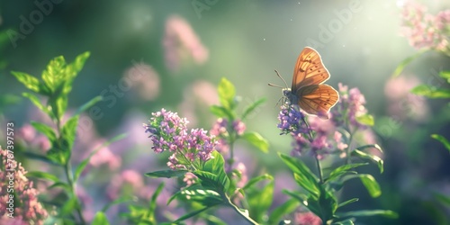 A soft-focus image depicting a delicate butterfly perched on a blooming lilac bush