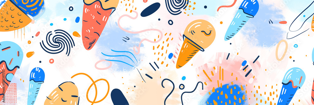 Naklejka premium Ice cream, fruit, and playful shapes on light background banner. Colorful abstract illustration. Panoramic web header. Wide screen wallpaper