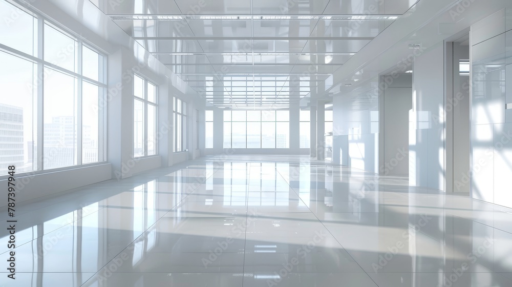 3D illustrated empty office space, bright with natural light and reflective surfaces, offering a sophisticated, future-proof background