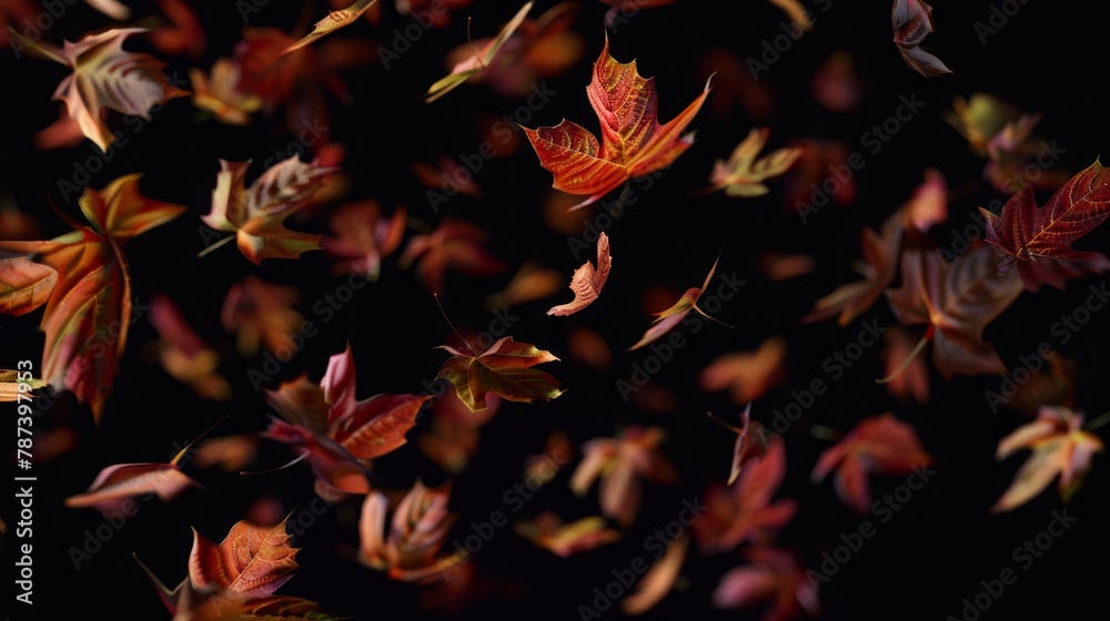 A cascade of colorful autumn leaves falling gracefully, isolated against a subtle backdrop to highlight the season's palette A cascade of colorful autumn leaves falling gracefully, isolated against a subtle backdrop to highlight the season's palette