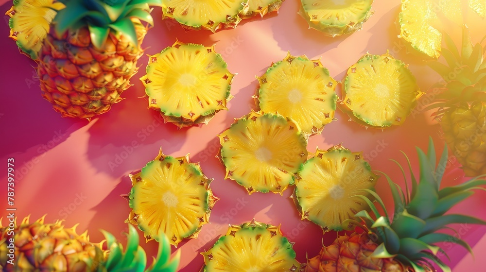 A colorful array of fresh pineapples from above, each slice radiating with vitamins and juicy goodness, set in a realistic diet concept backdrop A colorful array of fresh pineapples from above, each slice radiating with vitamins and juicy goodness, set in a realistic diet concept backdrop